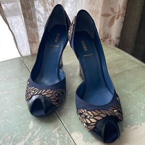 Vintage Fendi Blue and Gold Peep-Toe Heels